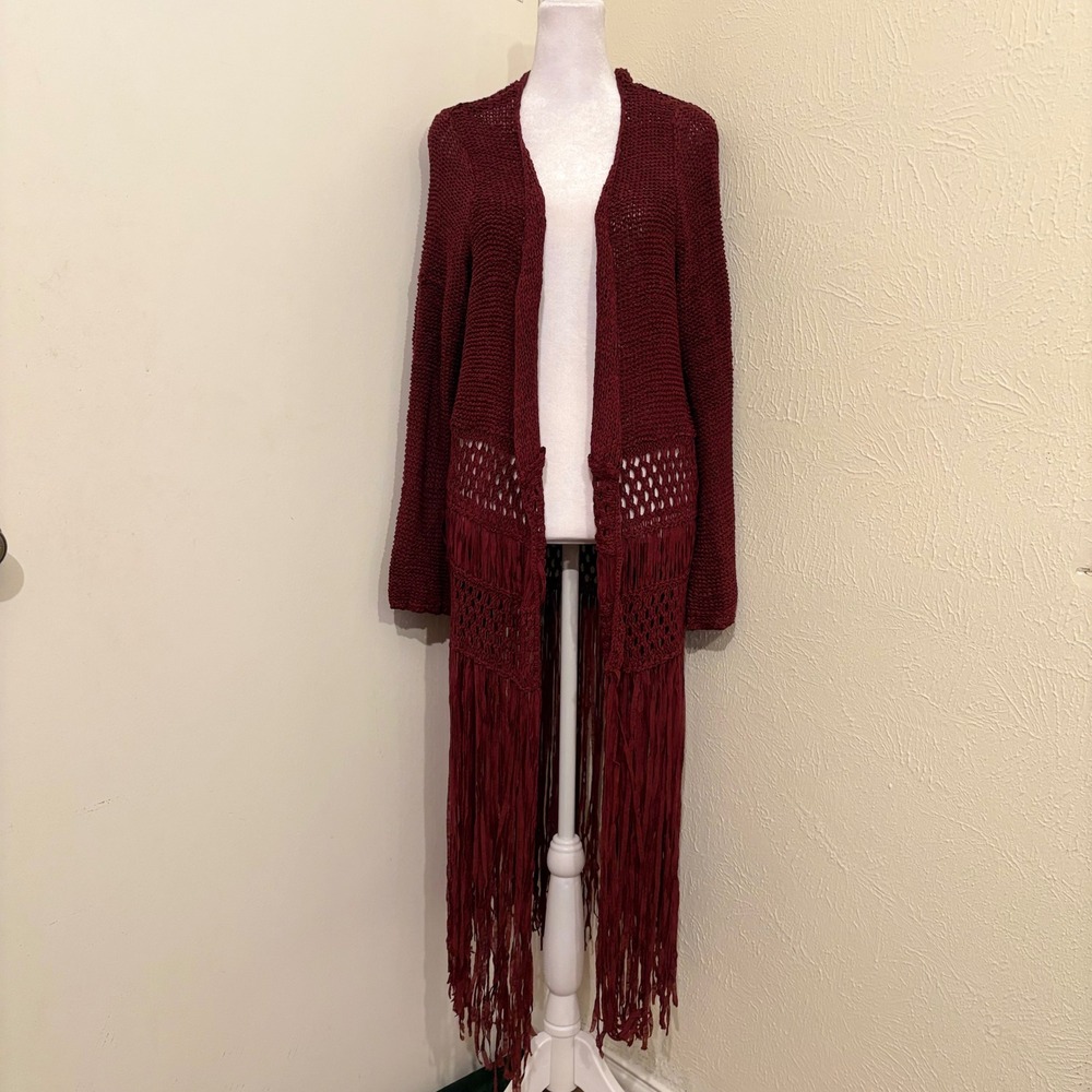 Dark Red Burgundy Open Front Fringe Longline Long Cardigan Boho Whimsigoth 2X